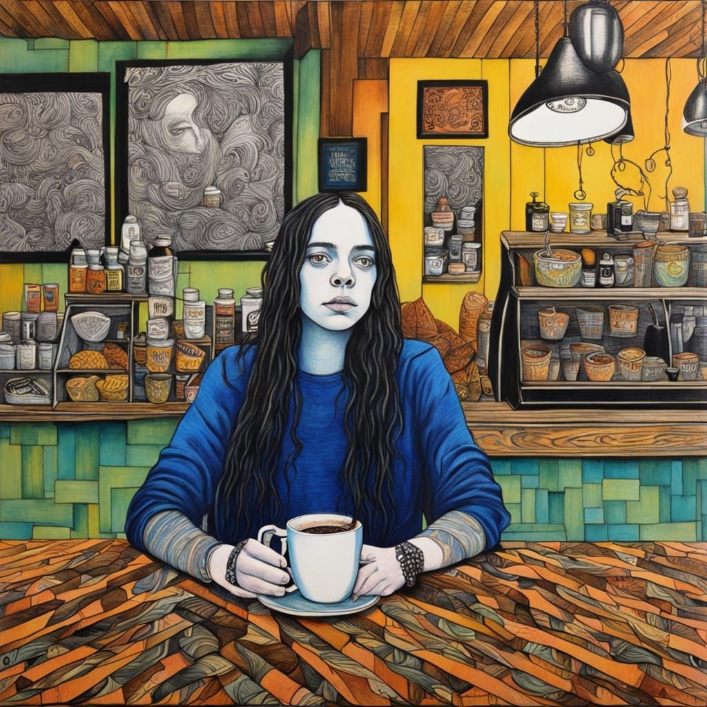Portrait Billie Eilish
Coffee shop, High contrast, Surreal, 
Oil on copperleaf, Charles Bibbs