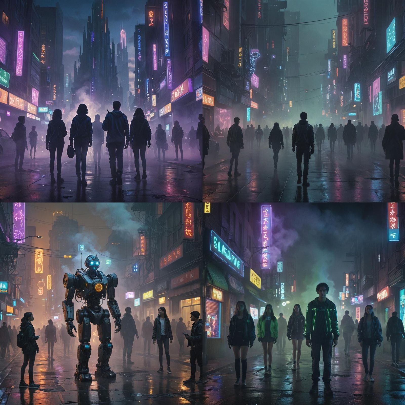 Cyberpunk Street Scene with Futuristic Technology and AI