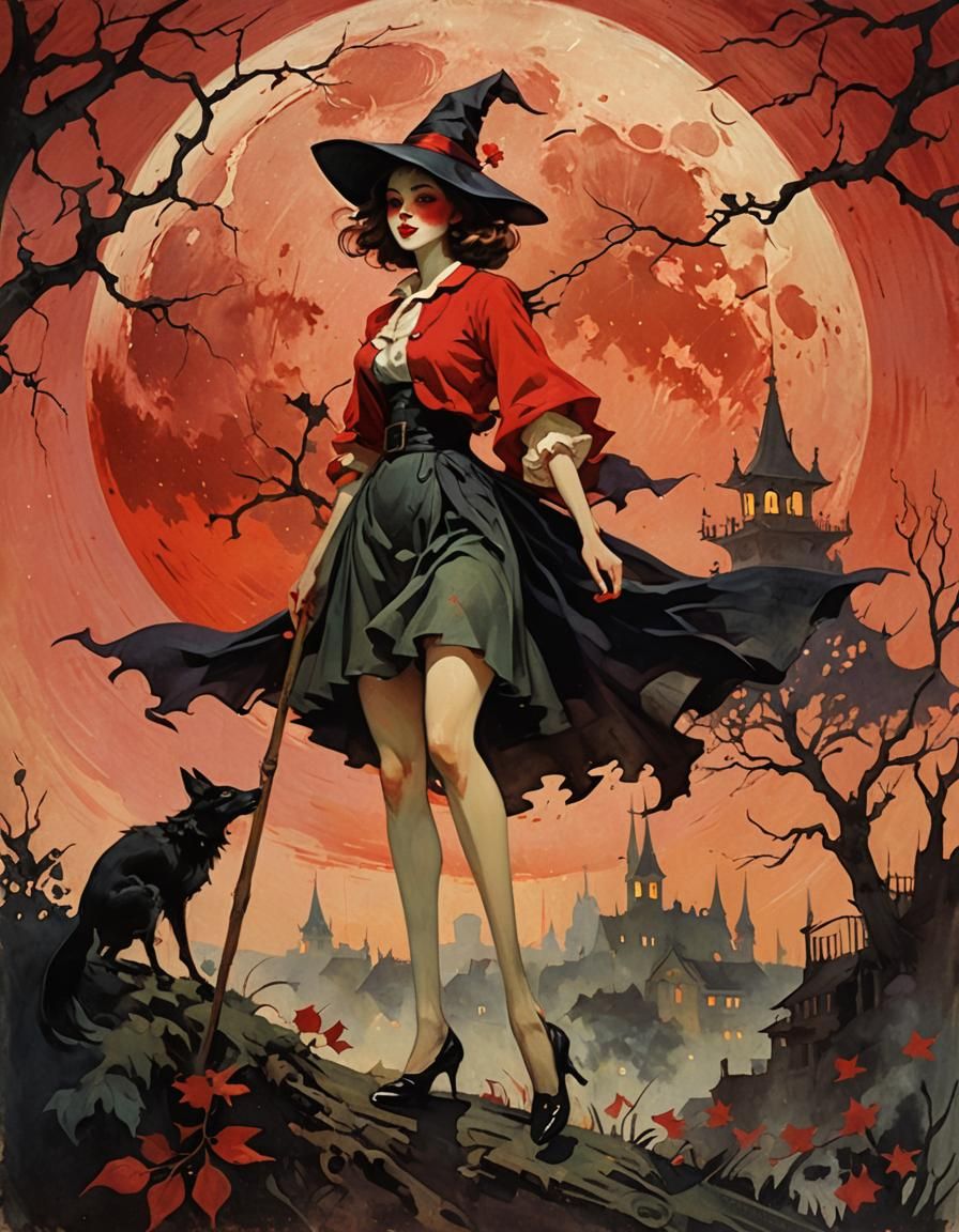 Vintage Witch Illustration with Cherry Moon in Impressionist...
