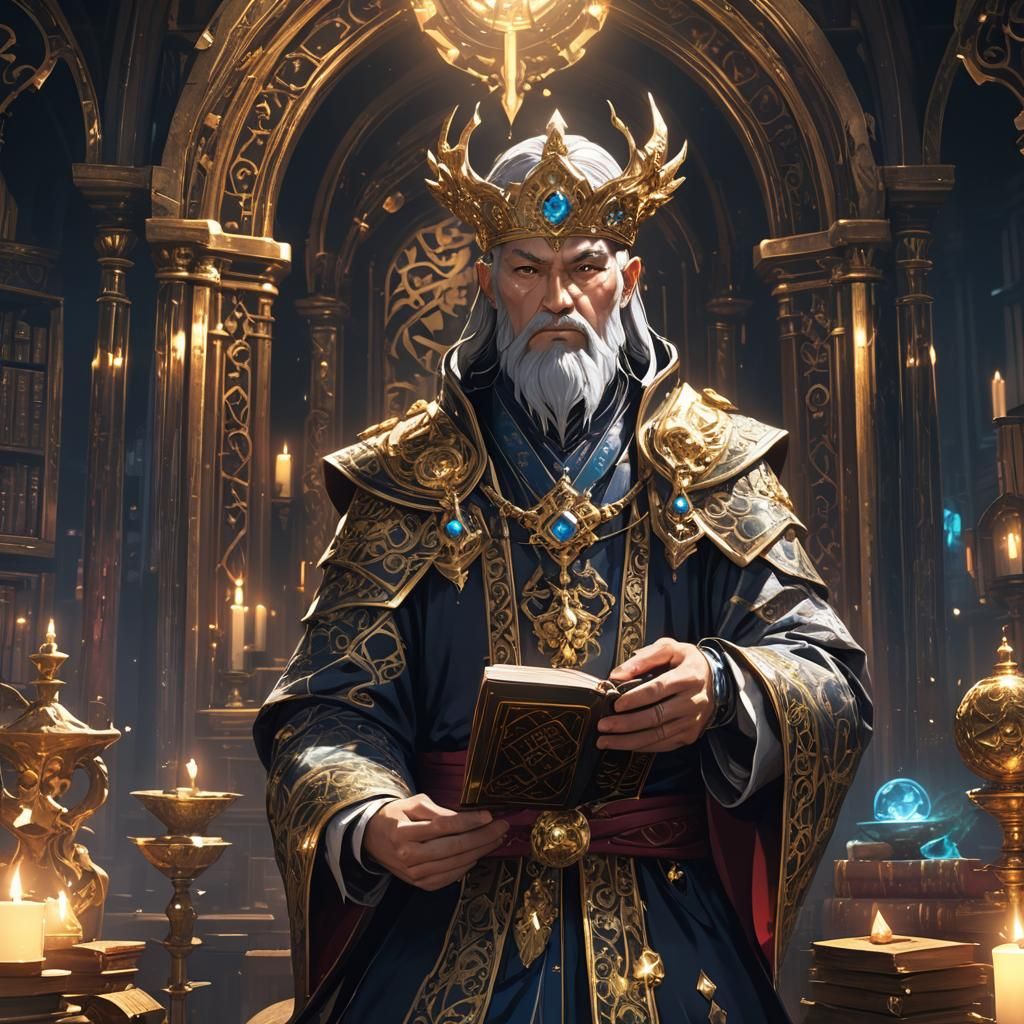 Anime Heirophant Portrait with Ancient Tomes