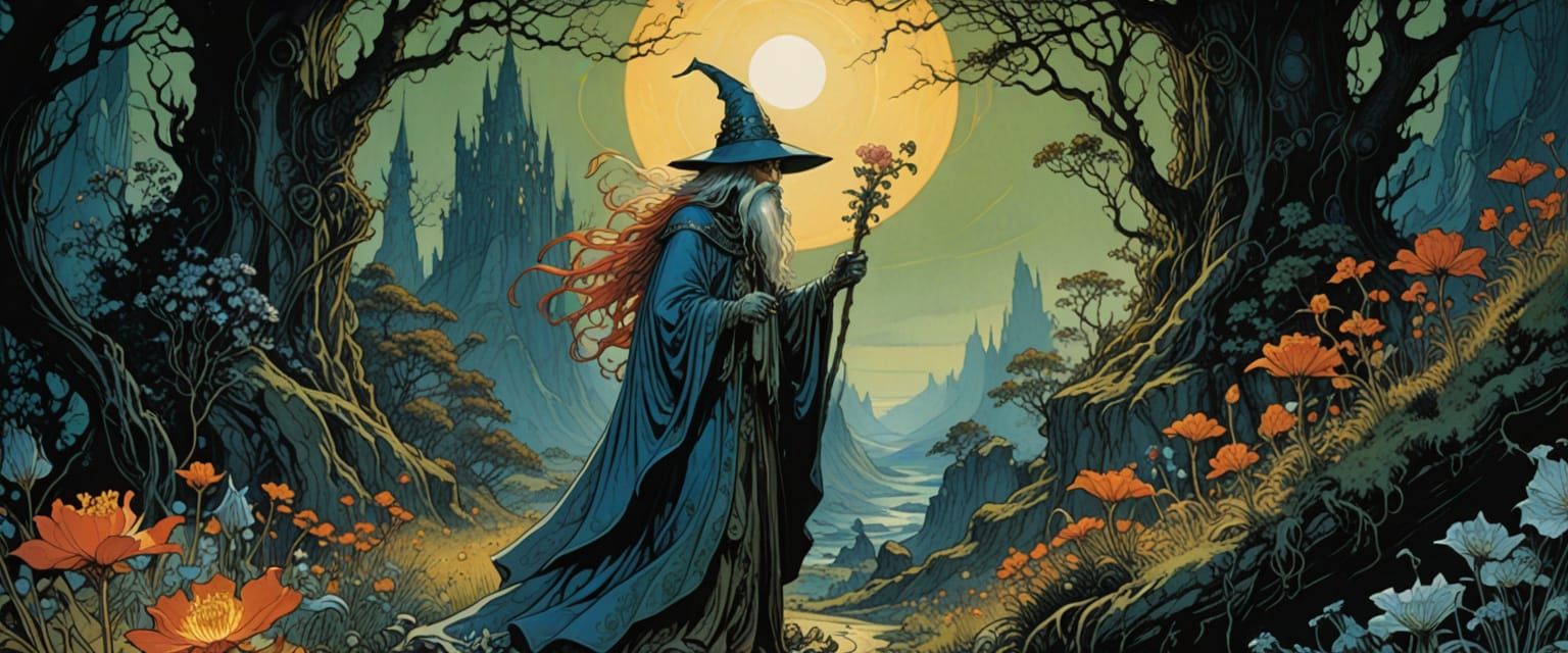 Wizard and Lady in Eerie Mysterious Sunlight