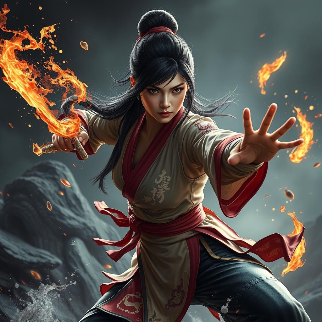 Detailed Matte Painting of Woman Doing Kung Fu