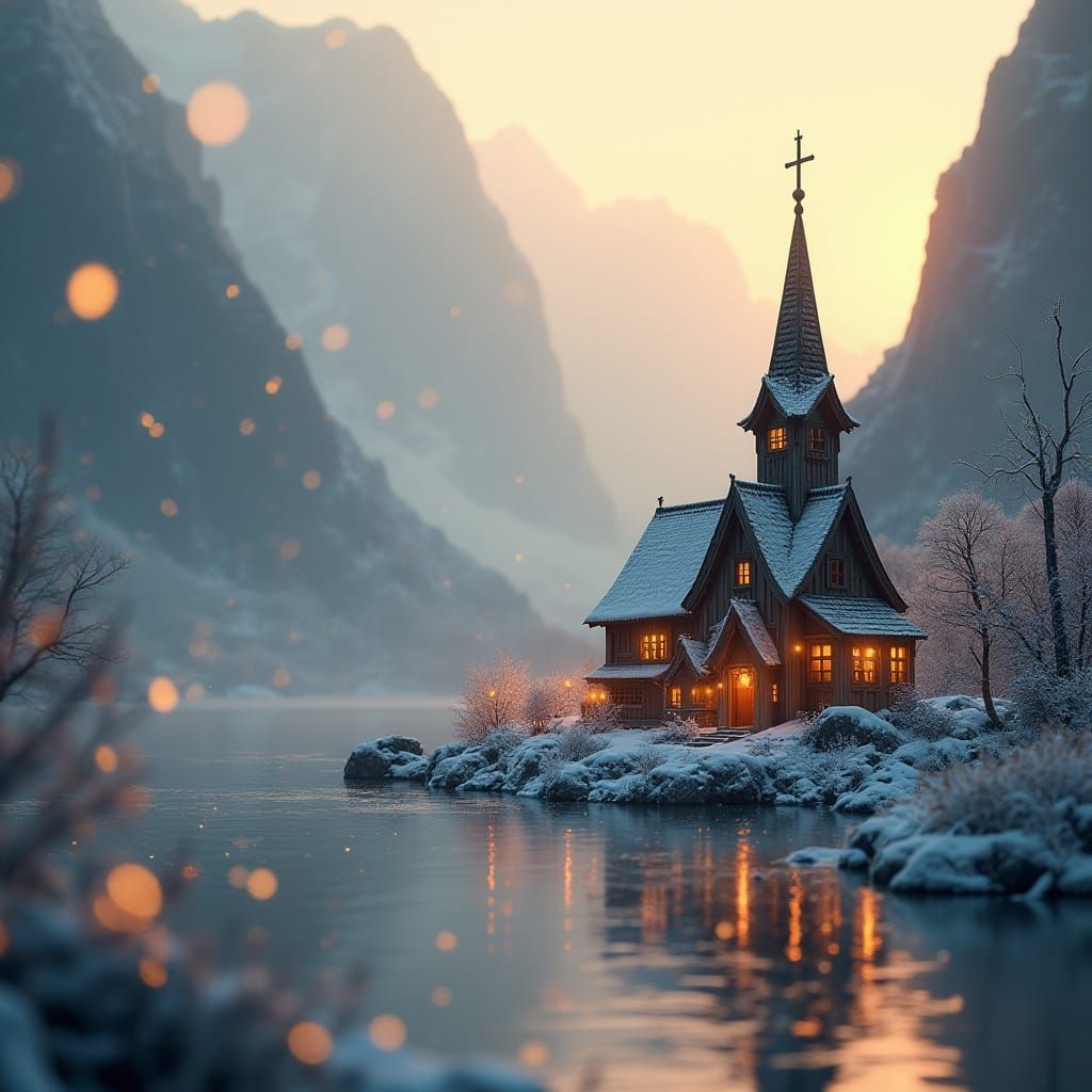 Miniature Norwegian Stave Church in Winter Fjord