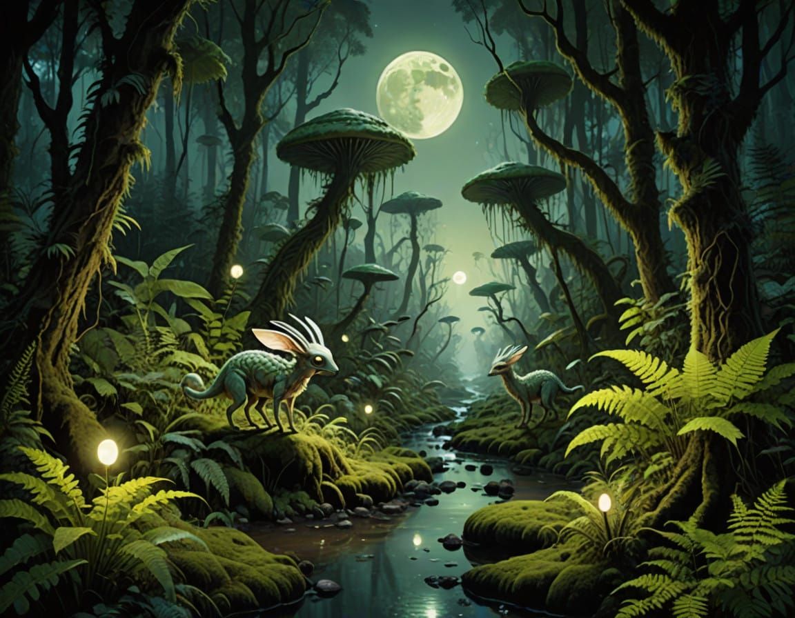 Surreal Forest Under Alien Moonlight in Vibrant Colors