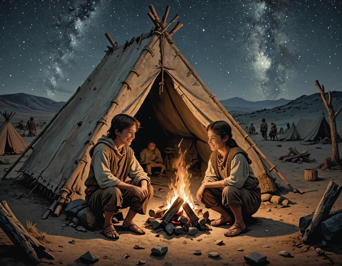 Neolithic Siblings Warm Themselves by Campfire
