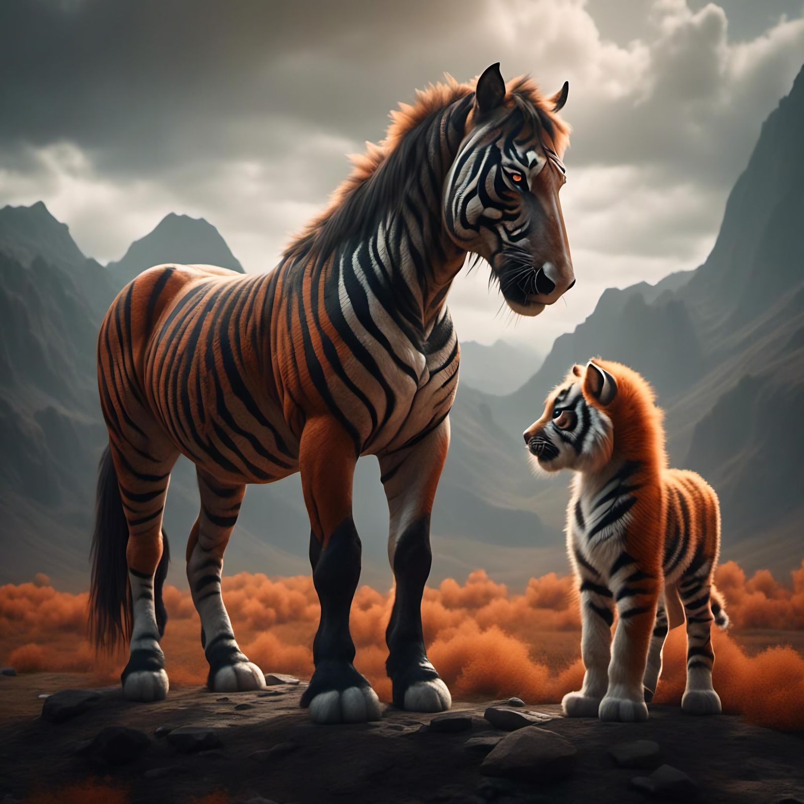 Tiger-Striped Horse and Foal in Hyperreal Style