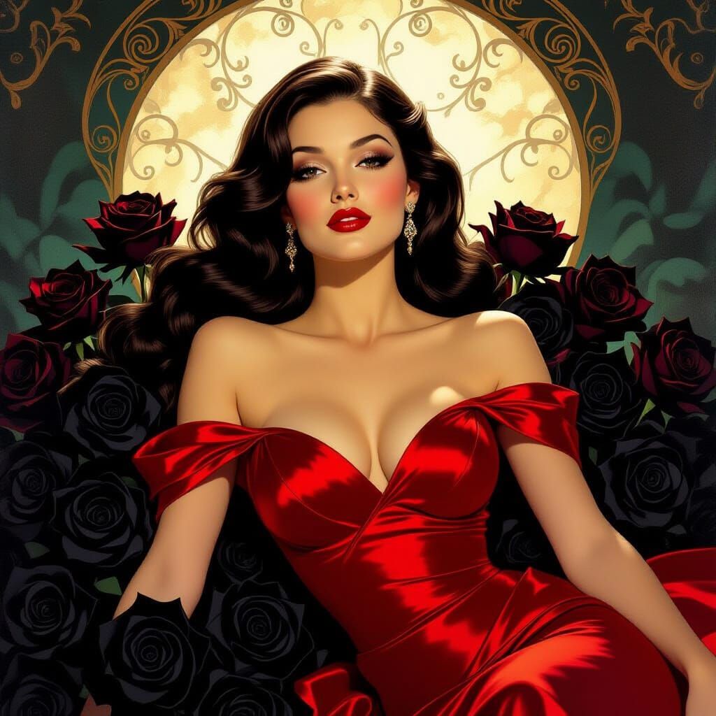 Elegant Woman in Red Dress on Black Roses