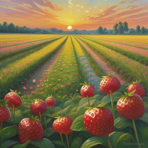 Impressionist Watercolor of Snake in Strawberry Field at Sun...