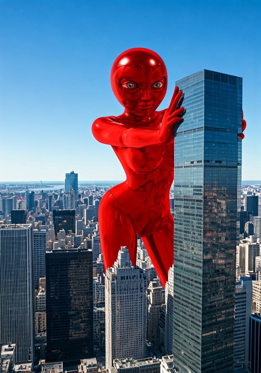 Giant Pushing Over Skyscraper, Woman in Red Dress