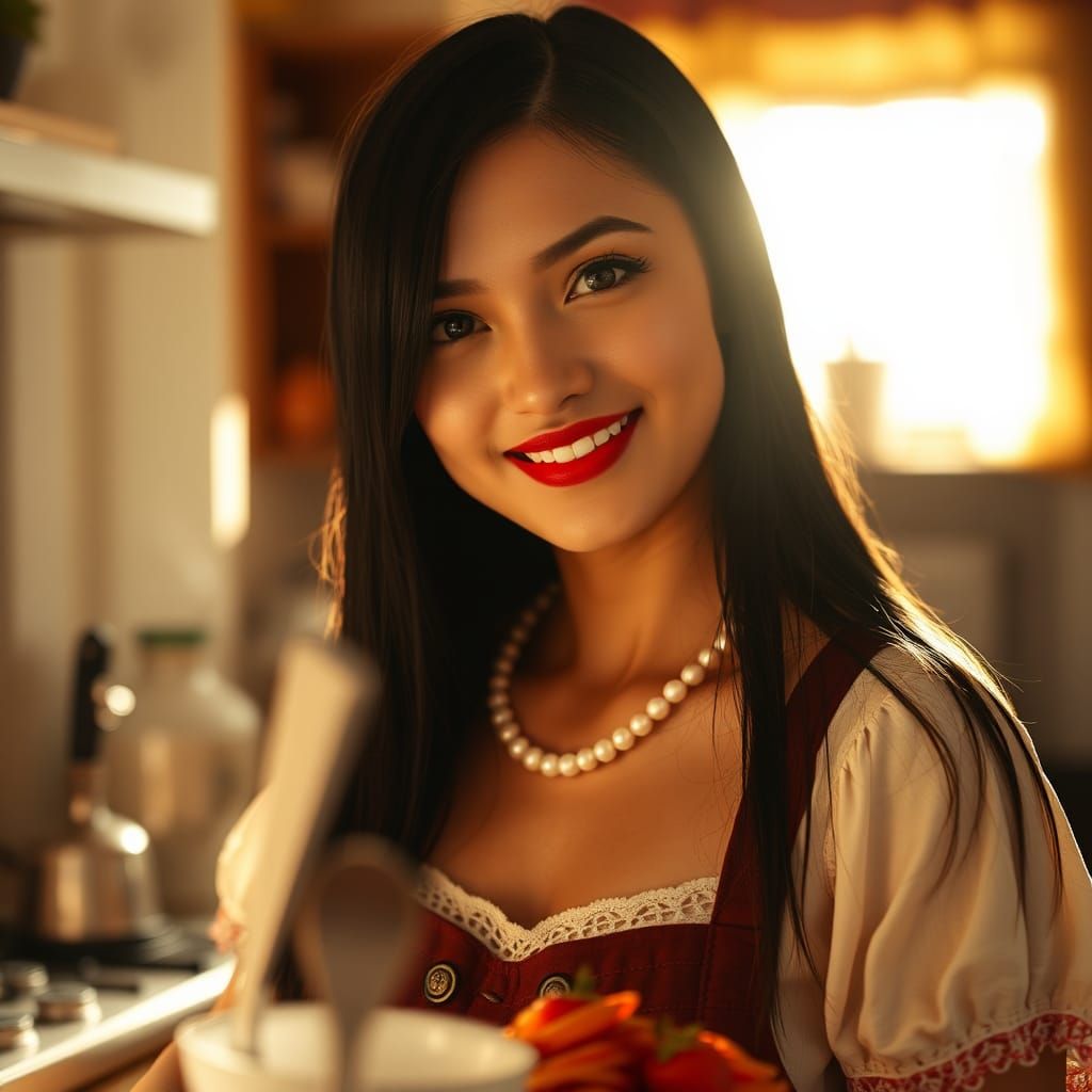 Radiant Tradwife in Sun-Drenched Kitchen, Hyperrealistic Sty...