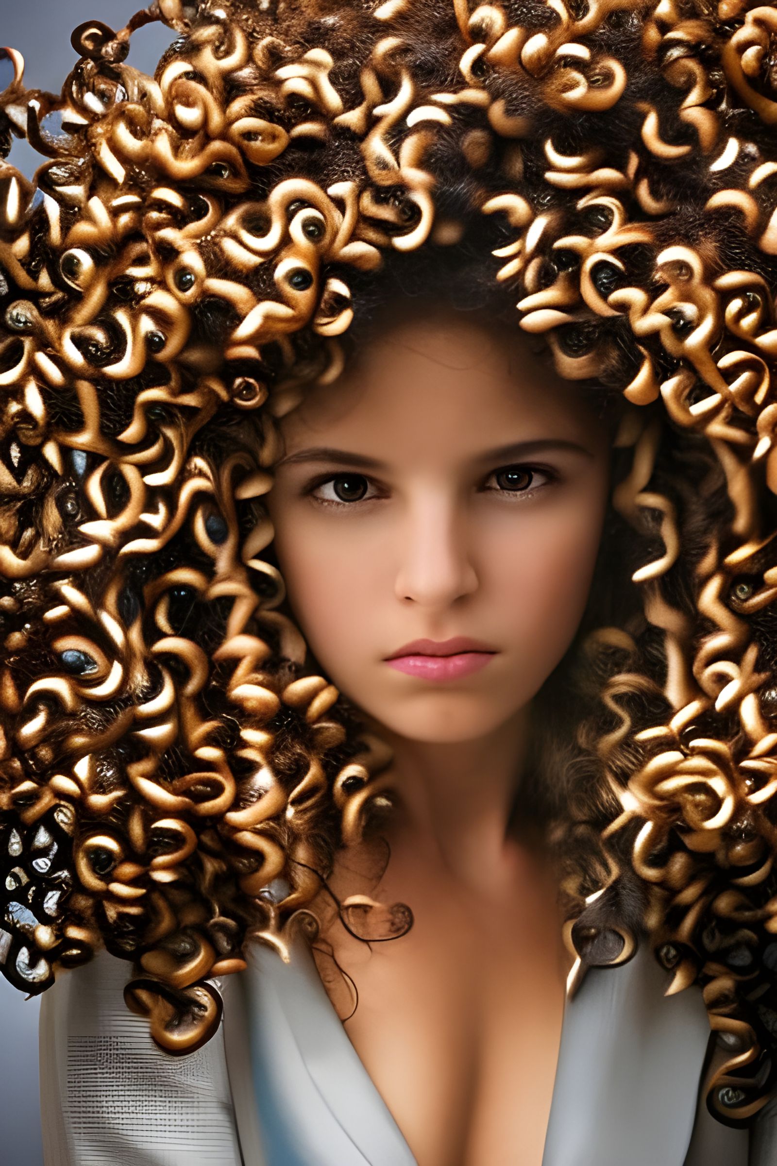 Detailed Portrait of Curly Brunette with Rosebud Curls