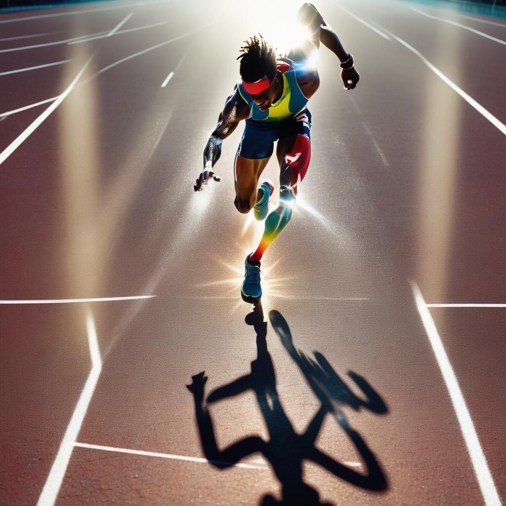 A paralympic sprinter with glittering crystal prosthetic running leg.