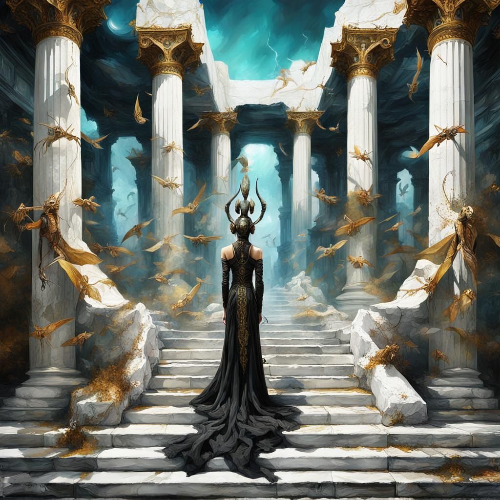 Surreal Praying Mantis Exhibit in Classical Style