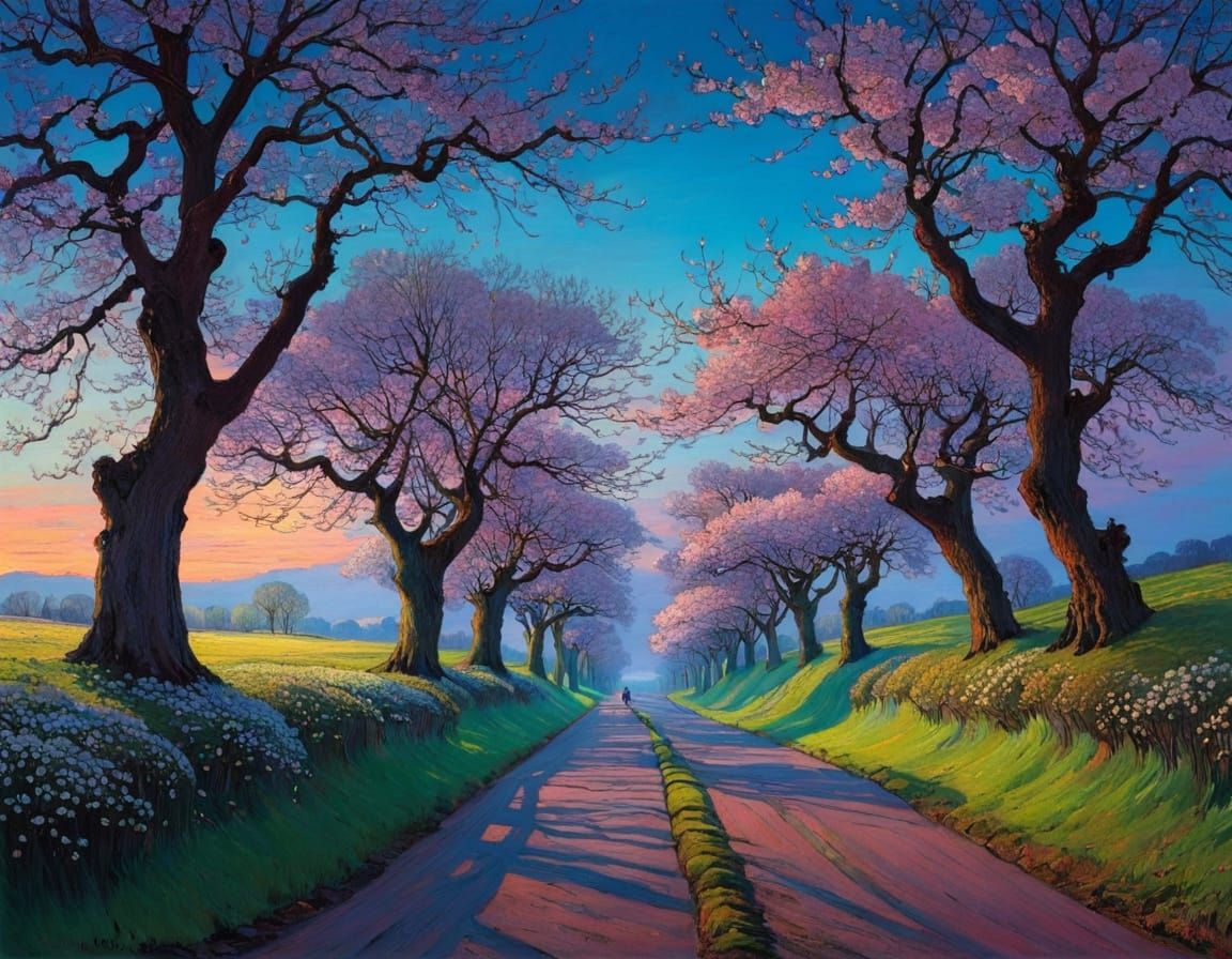 Surreal Cherry Blossom Avenue at Dusk