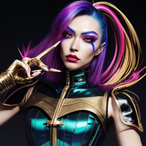 Cyberpunk Goddess in Gilded Corset and Cyber-Marionette Arm