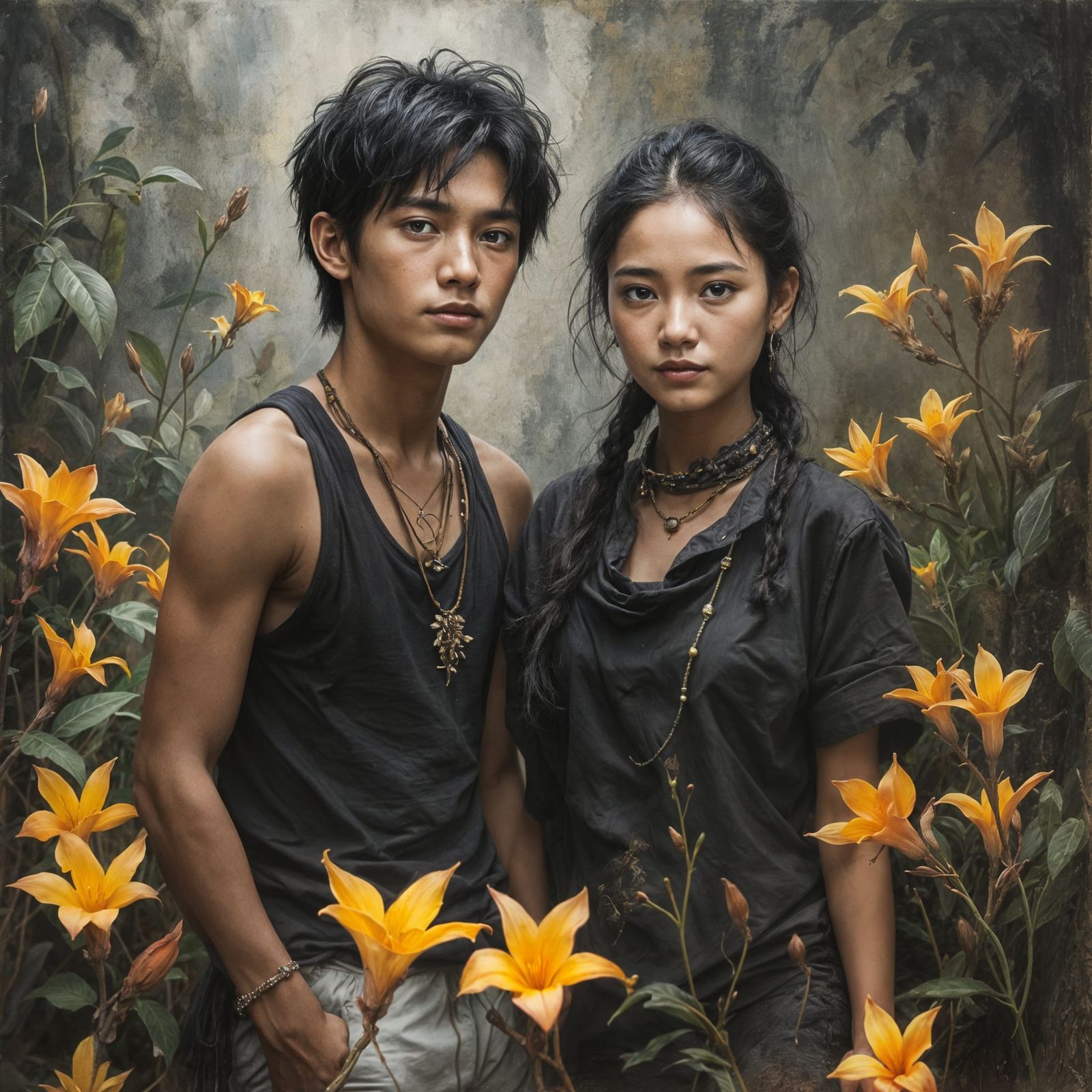 Serene Charcoal Portrait of Thai Village Couple in Enchanted...
