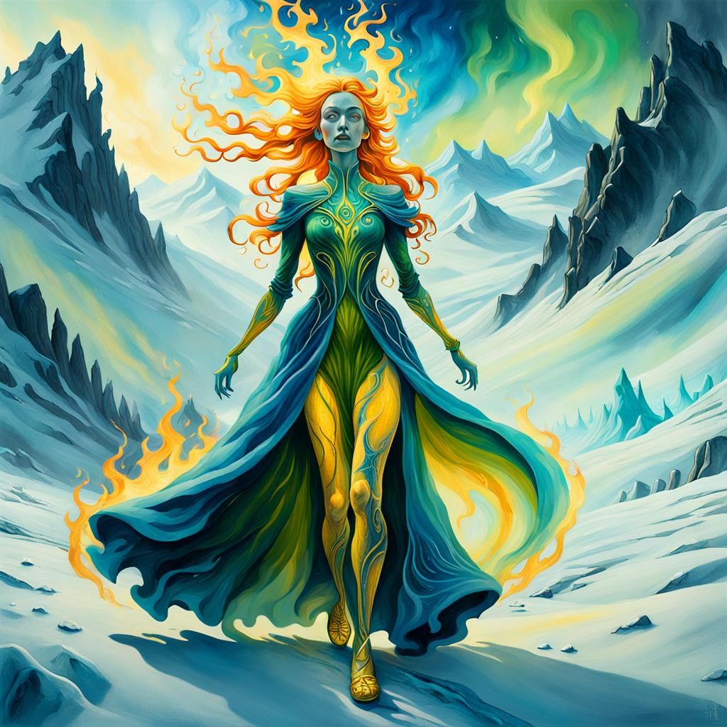 Flaming Maiden Walks Frozen Tundra in Surrealist Art