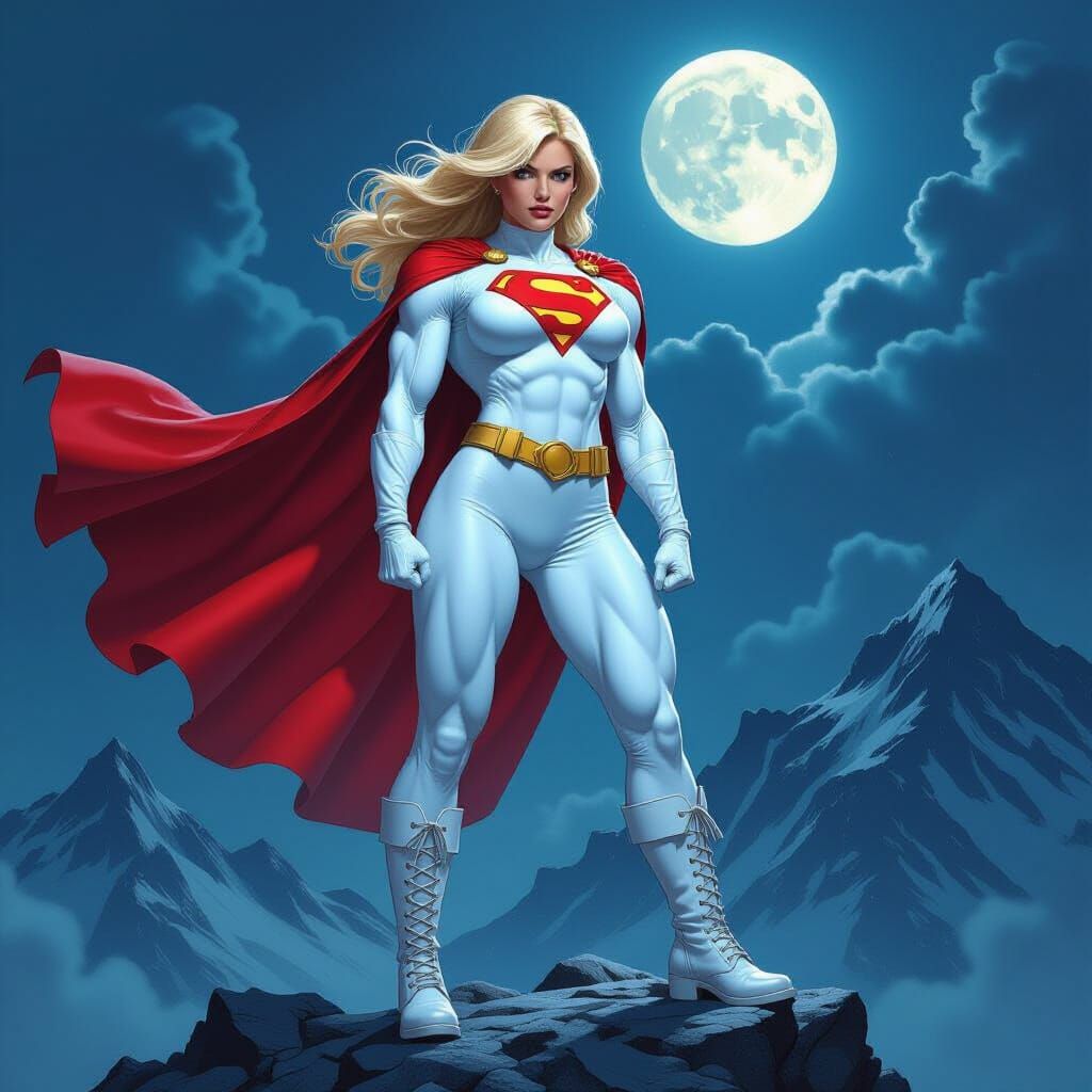 Muscular Powergirl on Mountain Peak at Night
