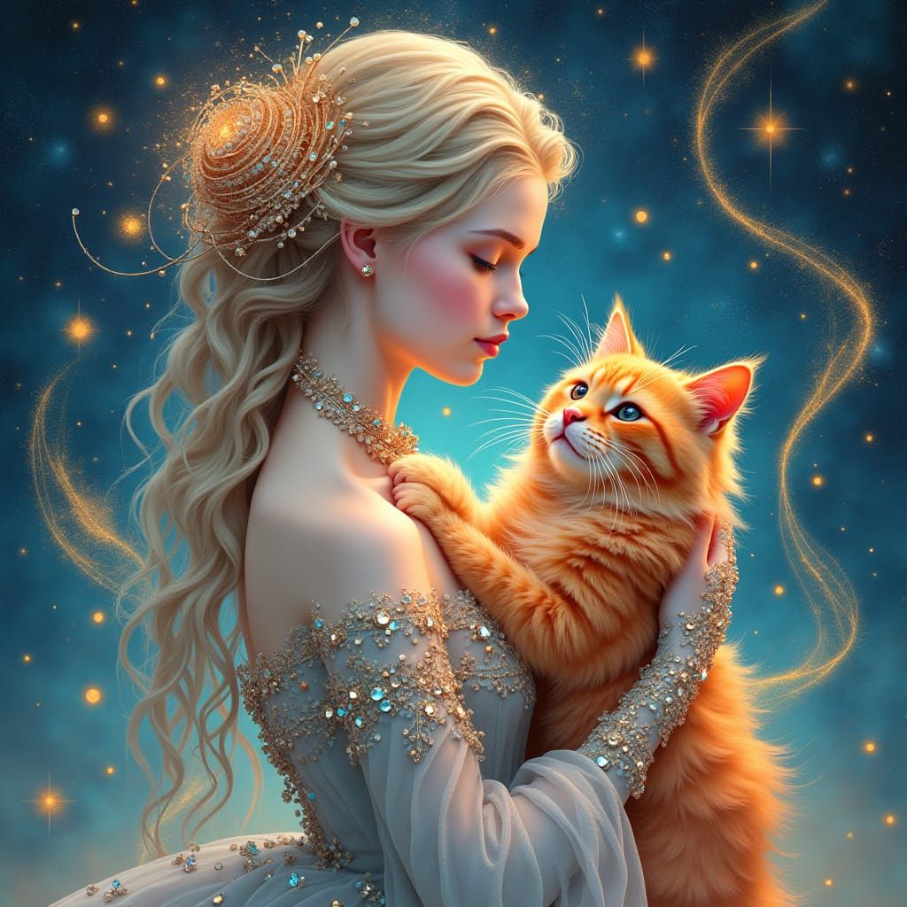Cosmic Goddess with Feline Companion in Ethereal Aura