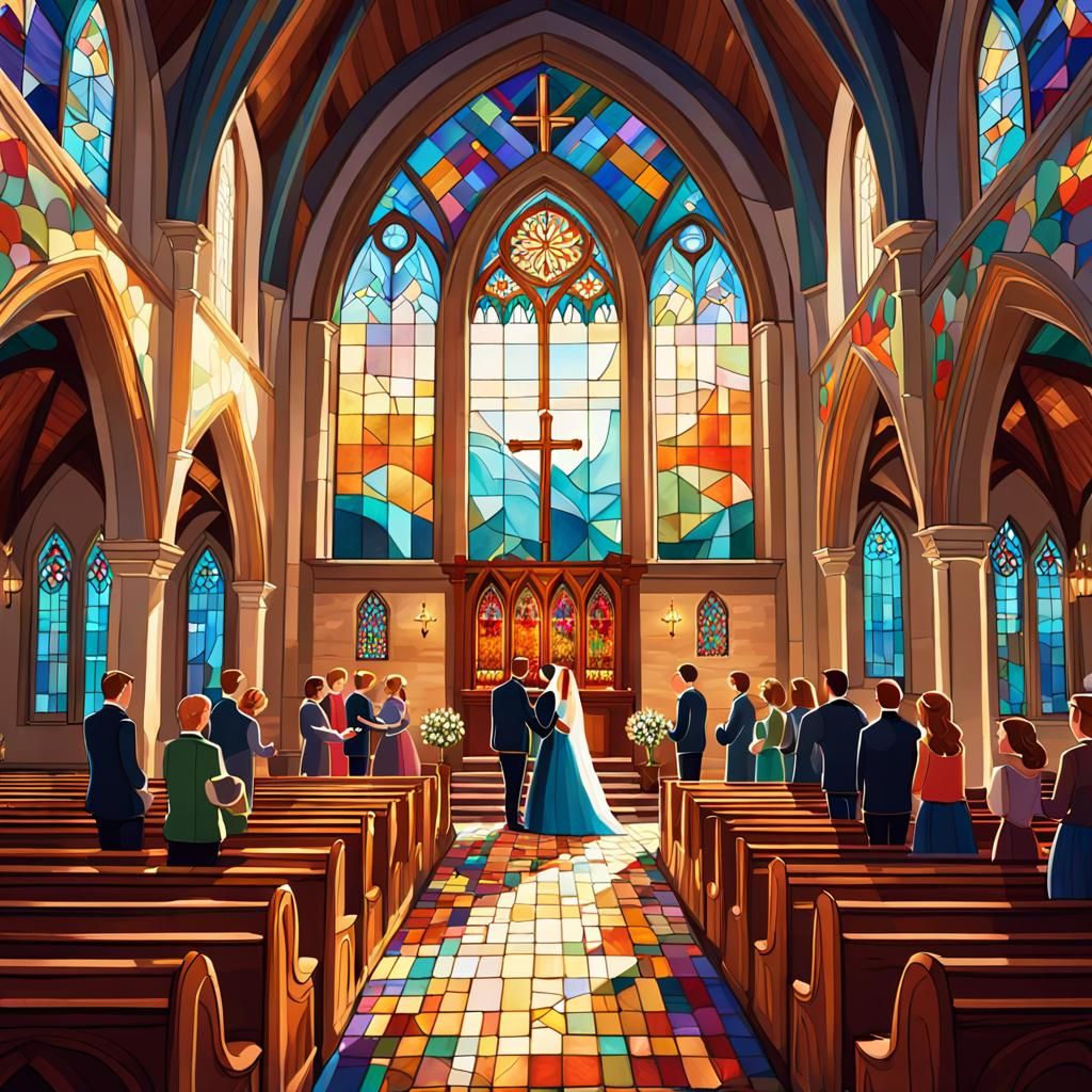 A doodle are with friends in a beautiful church where a man and a woman get married in style of 
David Sheigley