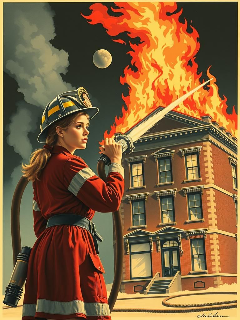Female Firefighter Battles Blaze in Retrofuturist Poster