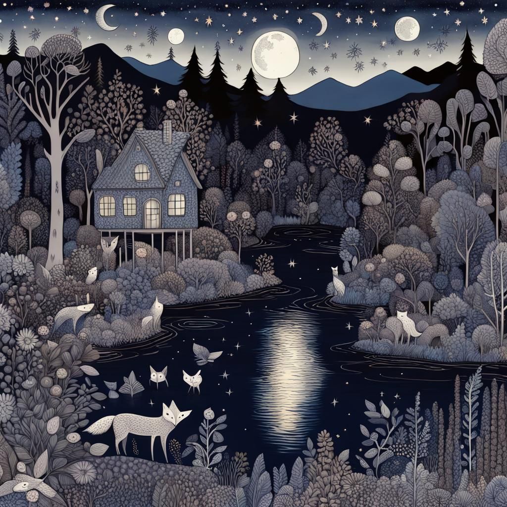 Happy Midnight Forest in Art Brut Style