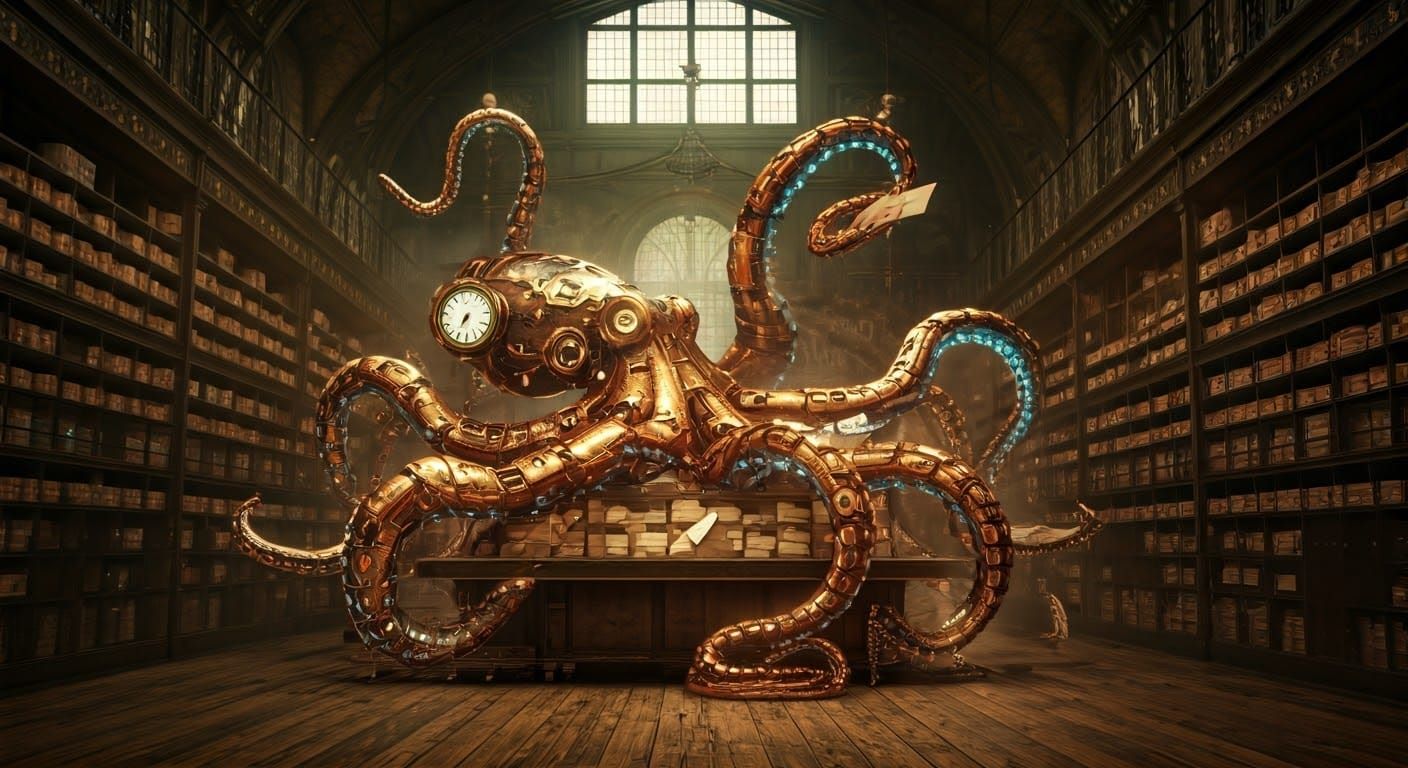 Mailroom sorting assistant steampunk octopus
