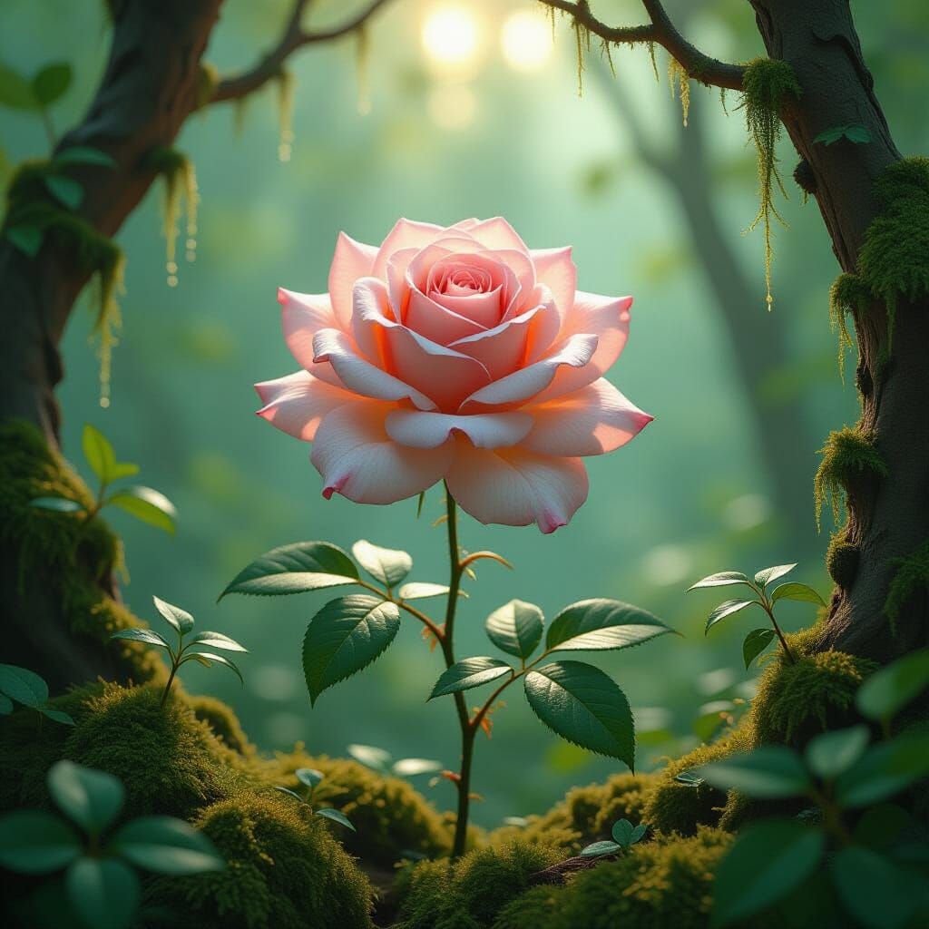 Majestic Rose in Forest, Illuminated by Sunlight