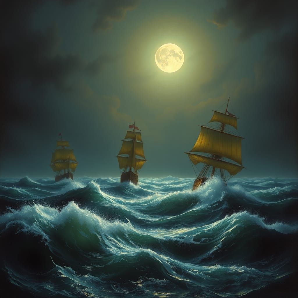 a pale moon rising, seas churning, ships sailing