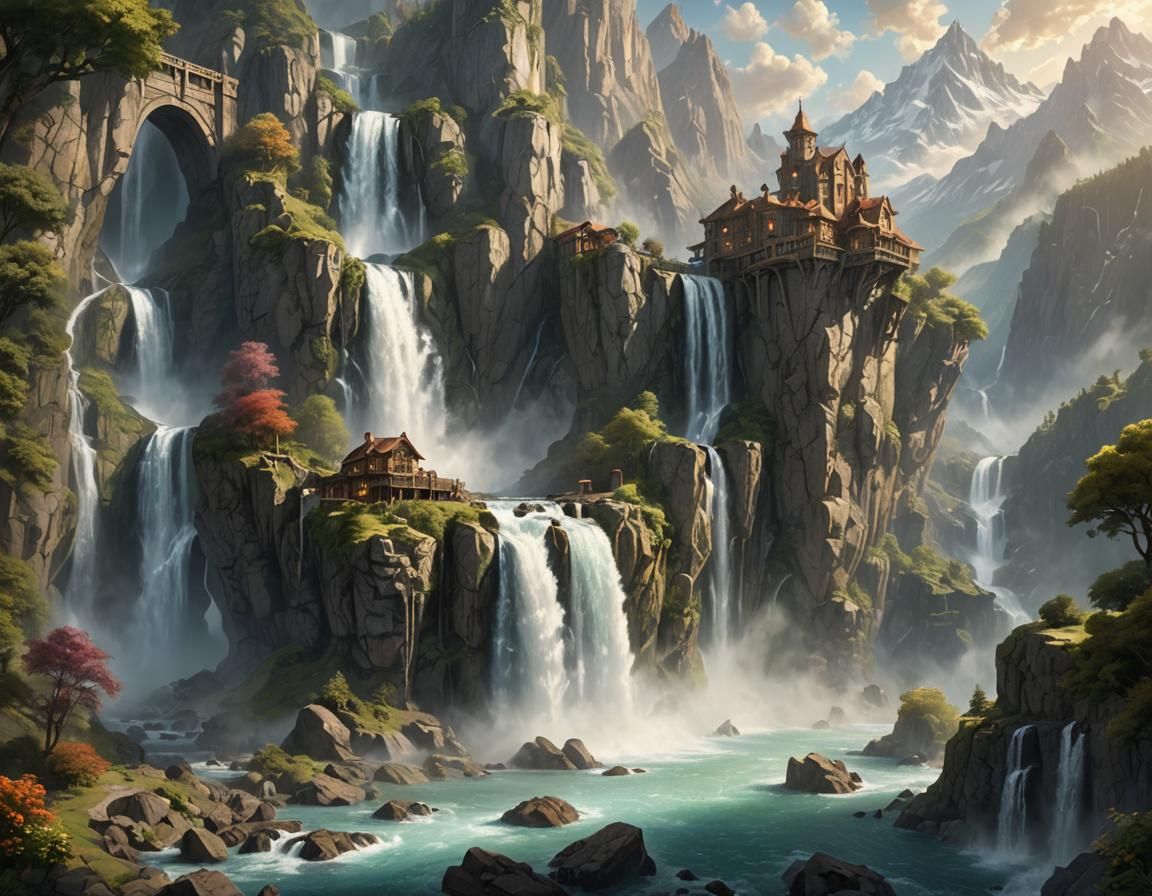 Steampunk Waterfall in Ethereal Fantasy Landscape