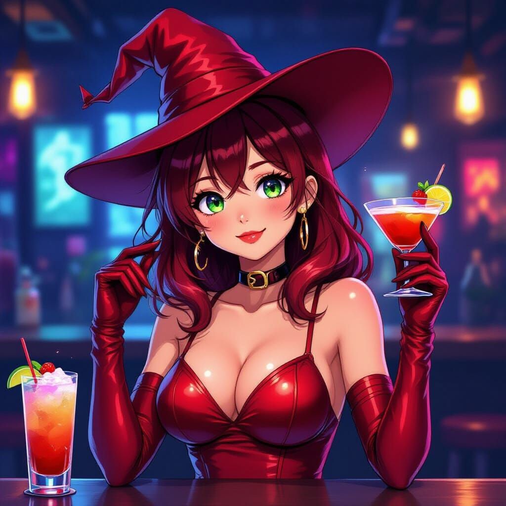 Anime Woman in Cyberpunk Bar, Studio Trigger Style