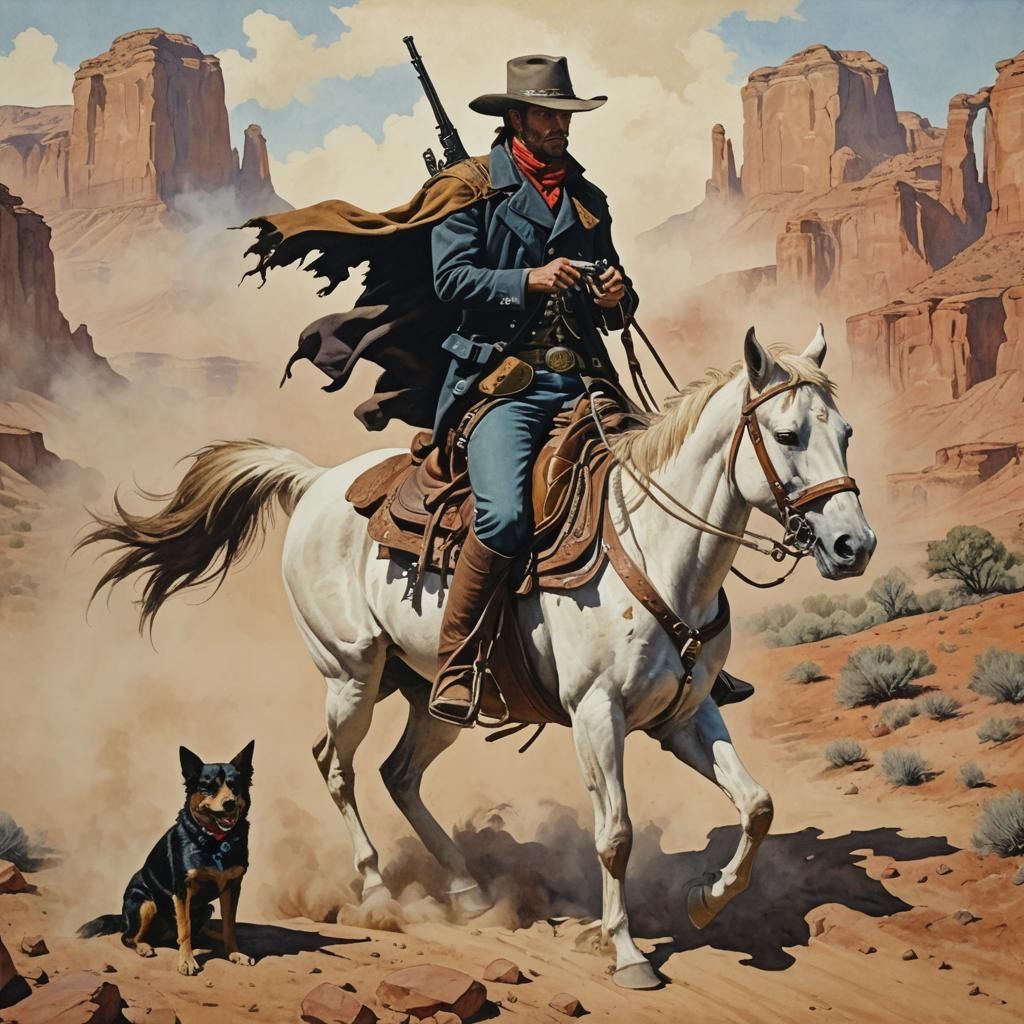 Gunslinger, Horse, and Dog: Gouache Painting