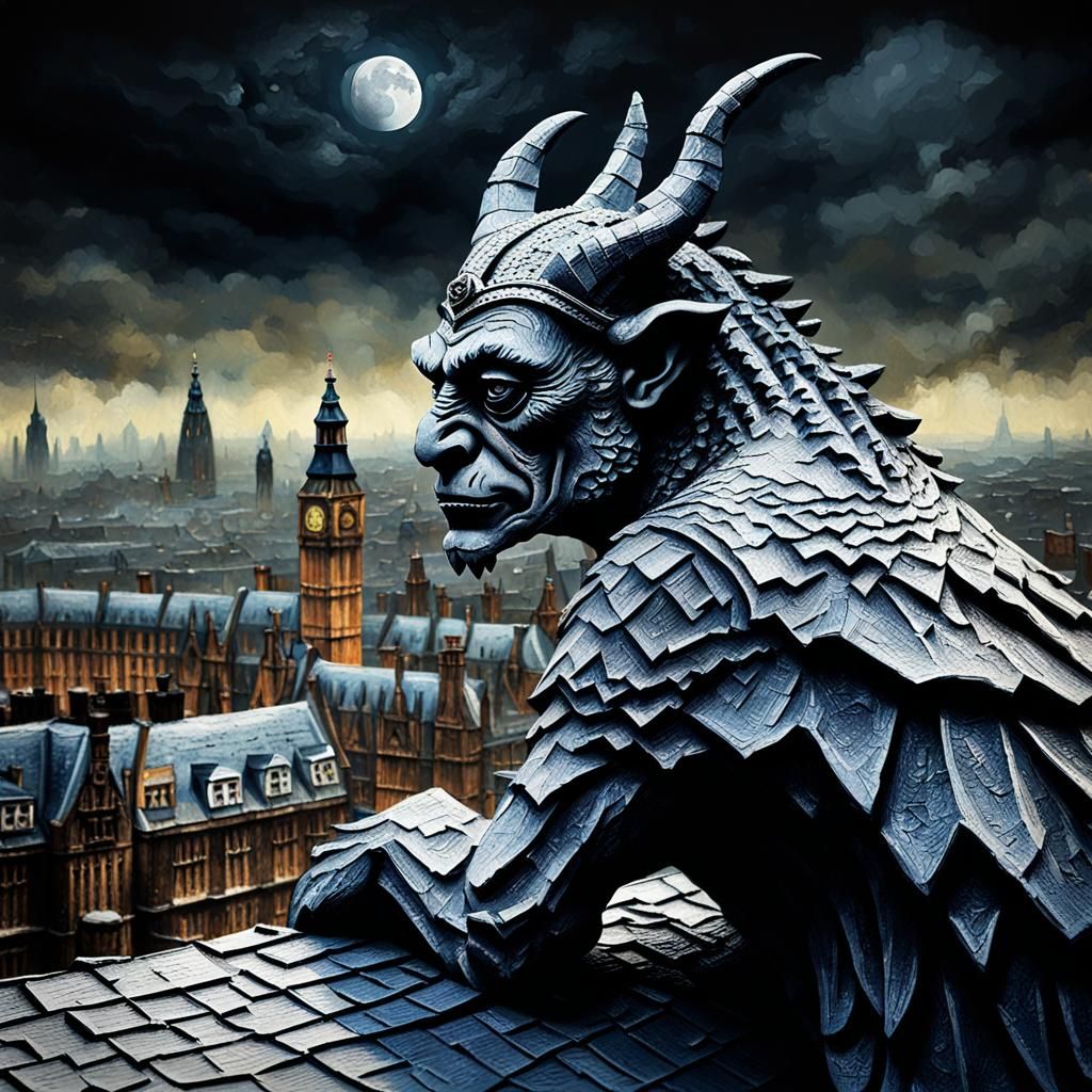 Gargoyle Over Old London: Impasto Painting