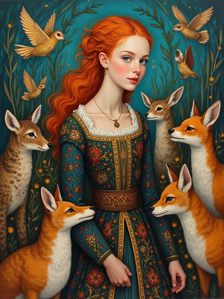 Mystical Hungarian Noblewoman Surrounded by Whimsical Wildli...