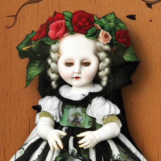 Horror Porcelain Doll with Black Roses in Gothic Art