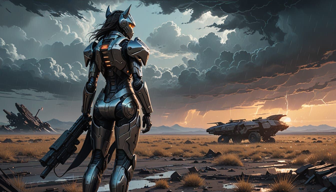 Cyberpunk Wolf Anthro in Stormy Landscape