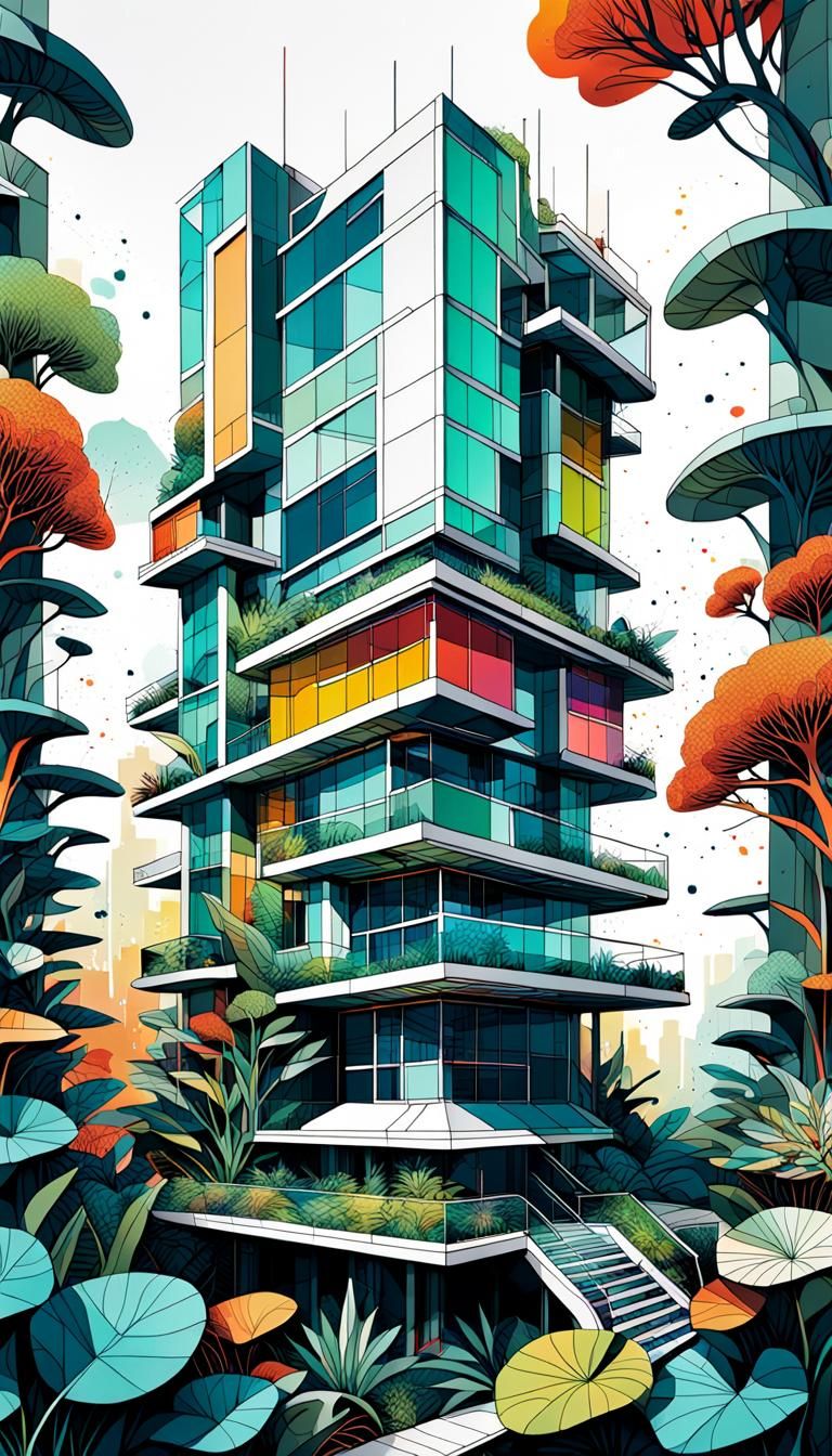 Geometric Bauhaus Architecture Meets Vibrant Botanicals in S...