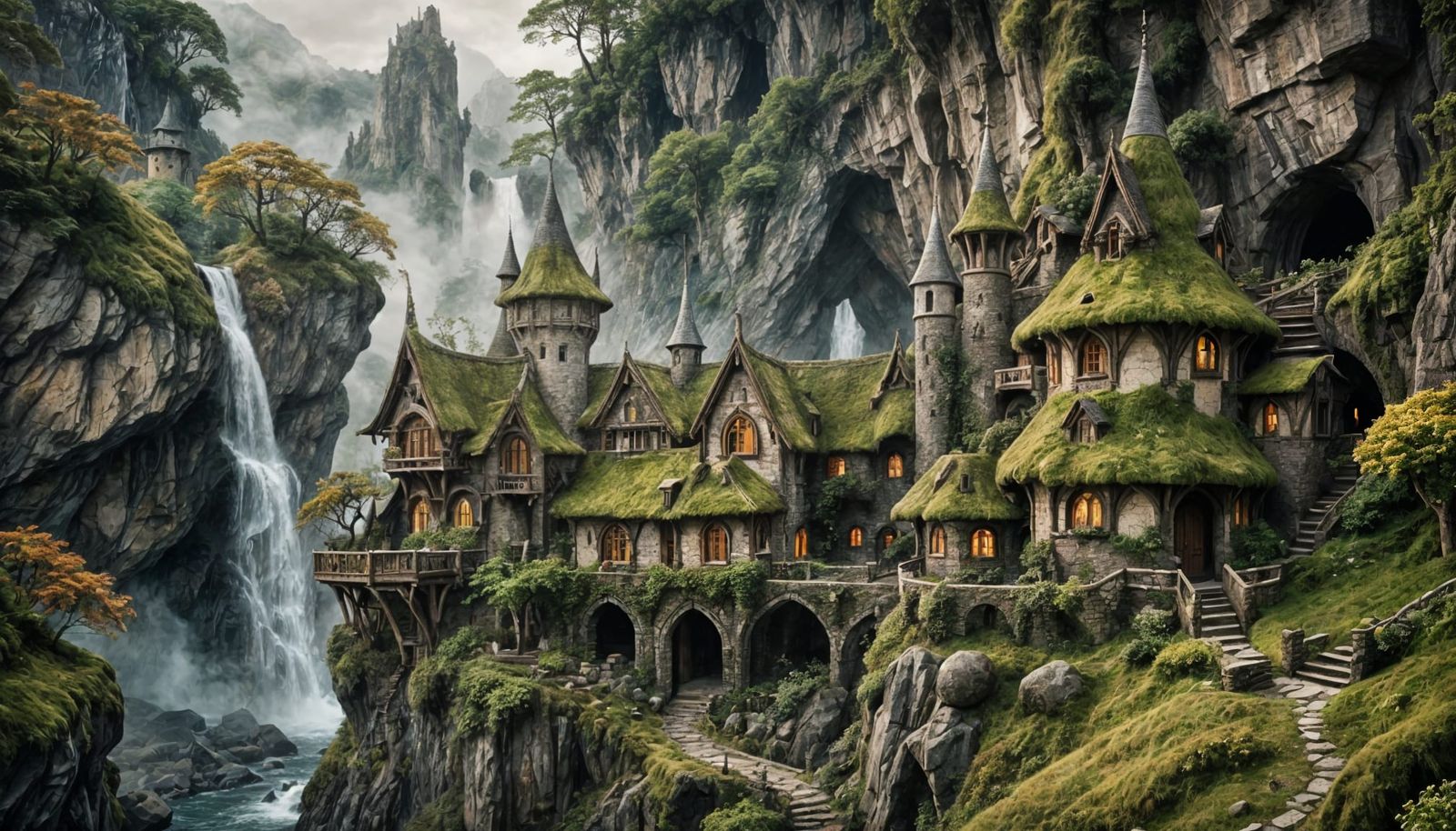 Elven Cliffside Home by Waterfall: Professional Photography