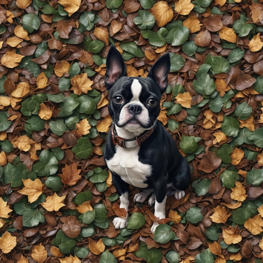 Boston Terrier Plays in Leaves: Matte Painting Style