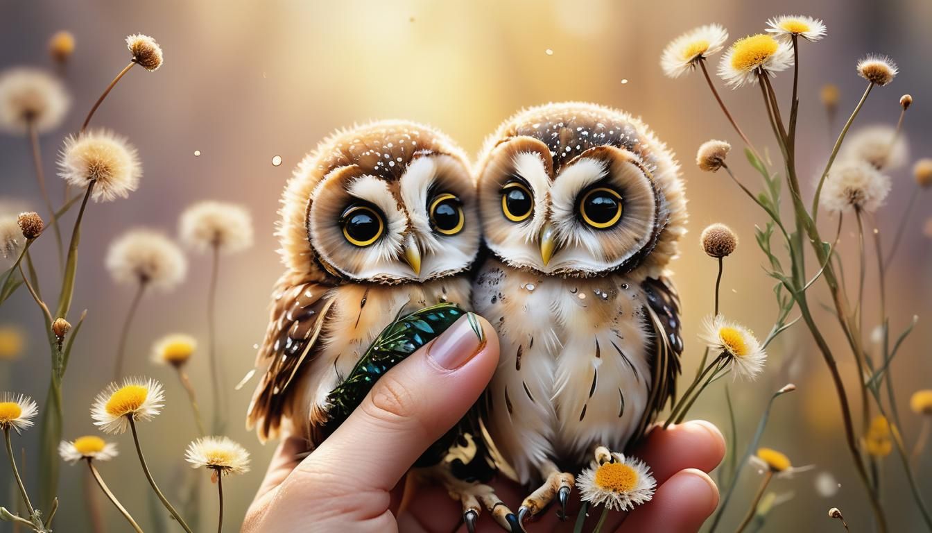 Whimsical Baby Owl on Finger: Macro Fantasy Art