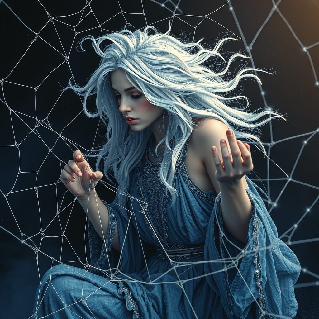 Spider Woman Weaving Webs in Deep Space