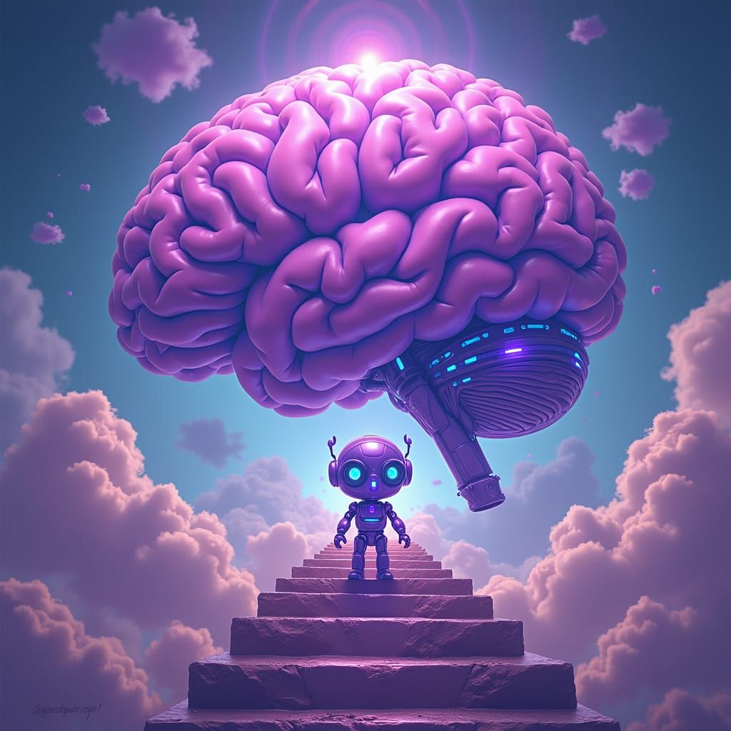 Purple chibi robot on a stairway to heaven coming out of a p...