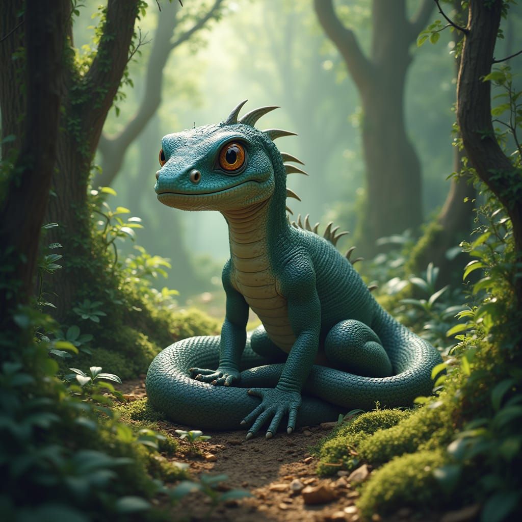 Lizard-Snake Hybrid in Lush Forest, Detailed Matte Painting