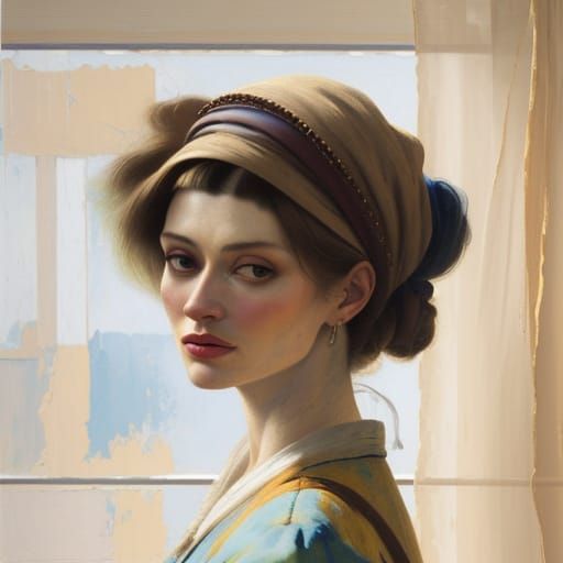 Woman Gazing Through Window in Neo-Impressionist Style