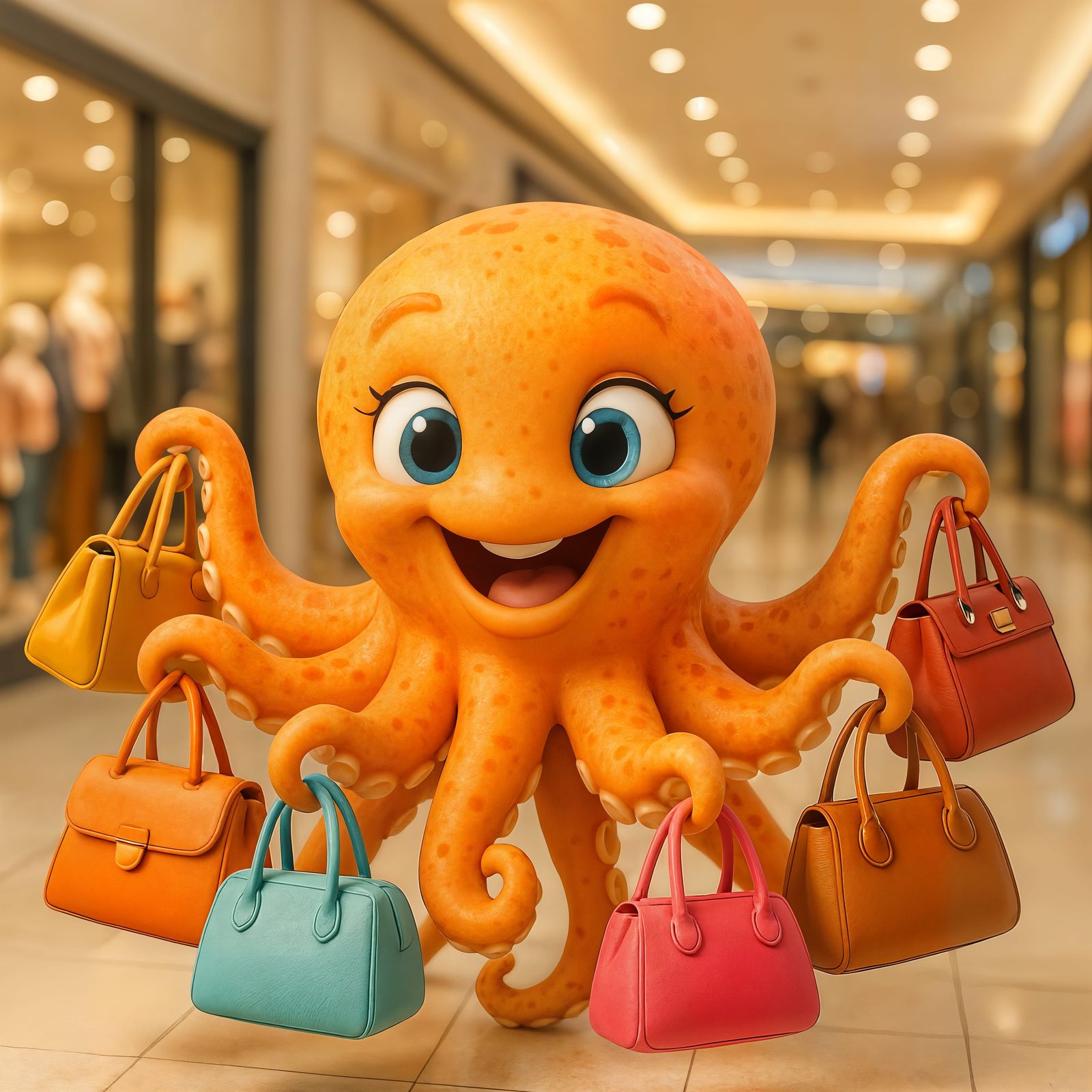 Happy Cartoon Octopus with Purses in CGI