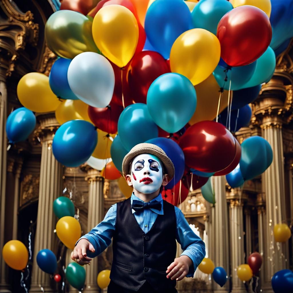 Surreal Mime Boy Flies with Balloons