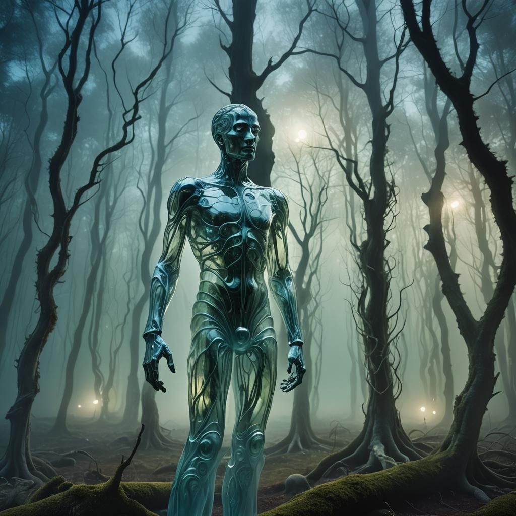 Glass Humanoid in Misty Forest: Surrealist Dreamscape