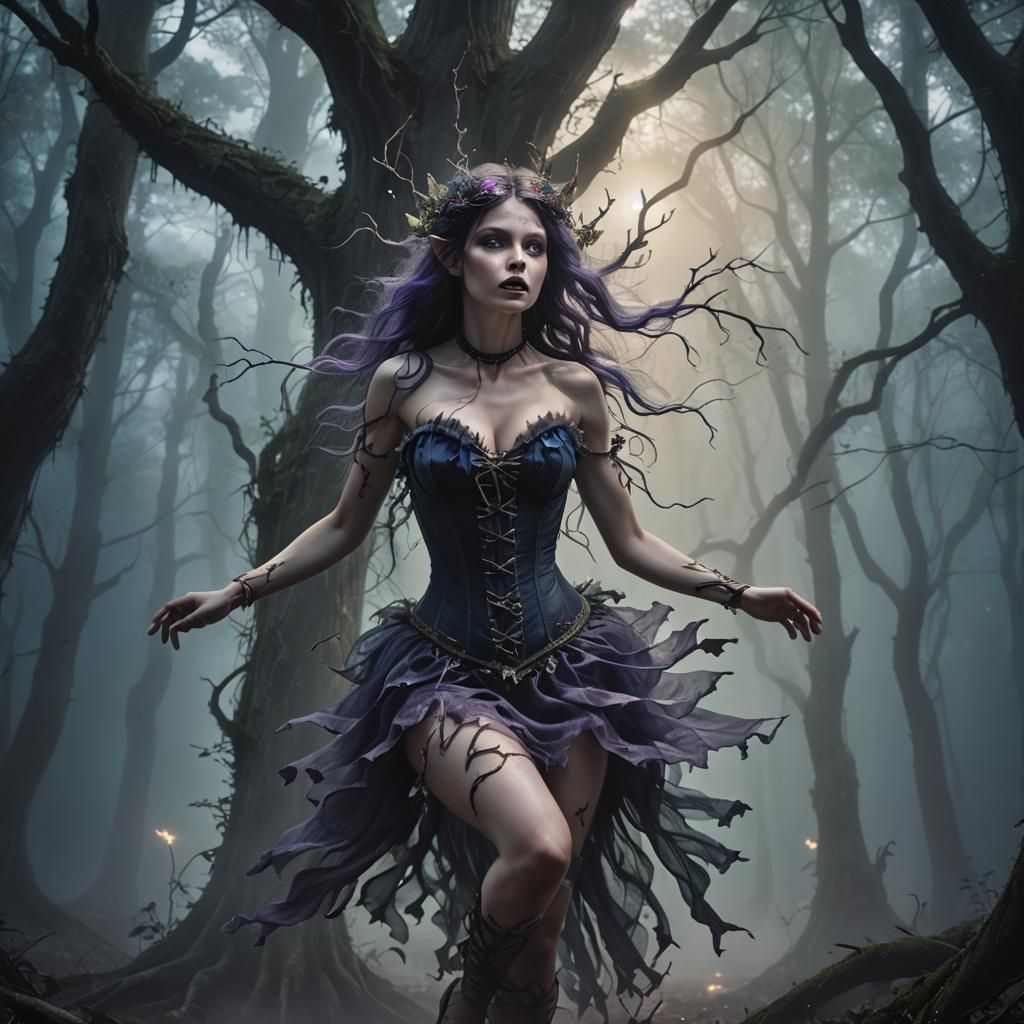 Woodland Fairy in Misty Forest: Dark Fantasy Illustration