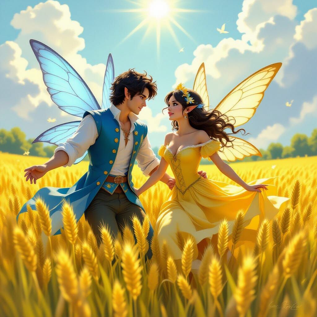 Fairy Couple Flying Over Golden Field