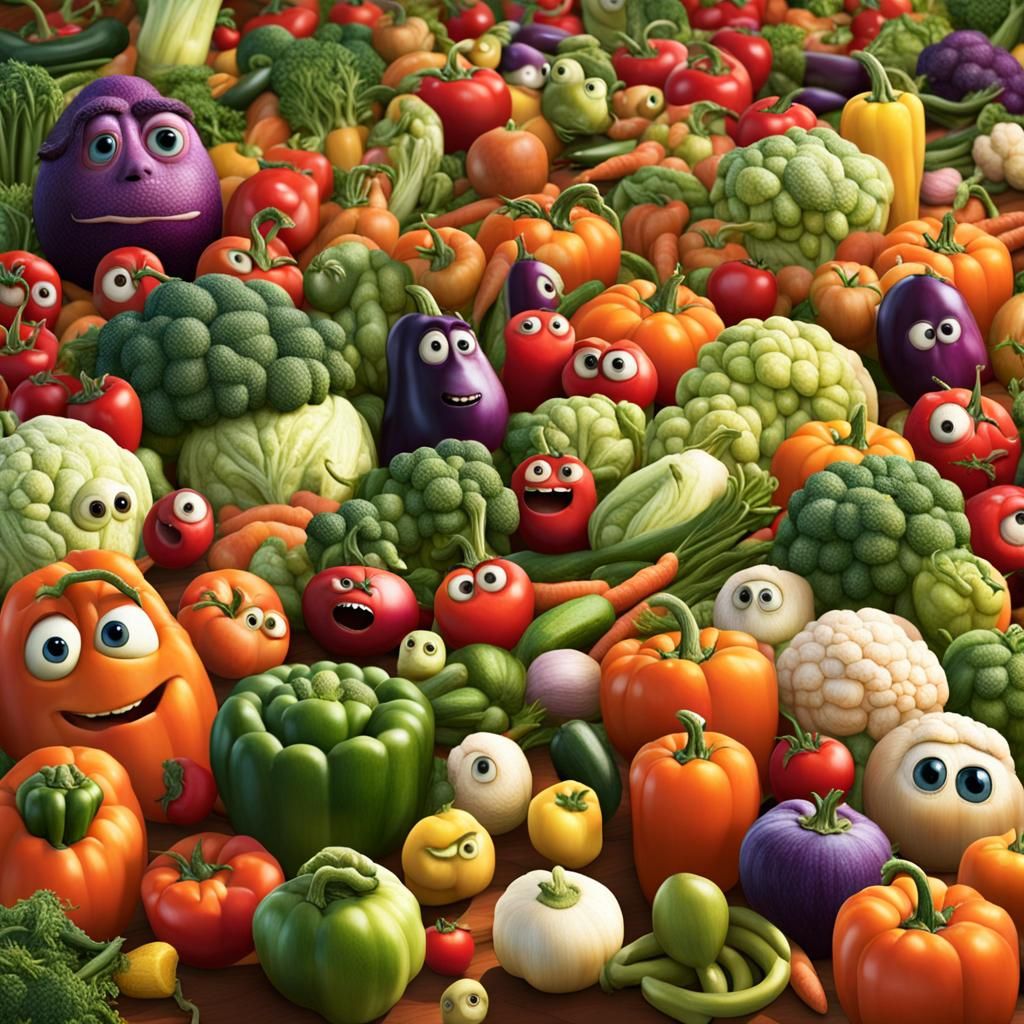 Vegetable Characters with Pixar Eyes in a Room